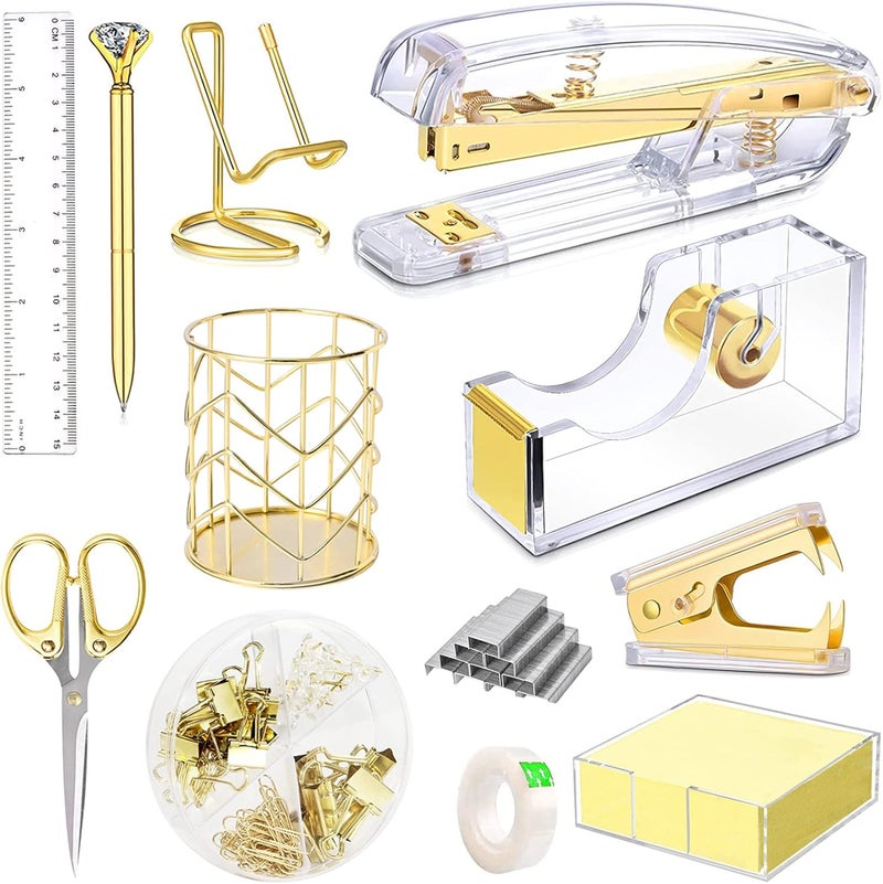 Famassi Gold Desk Accessories, Acrylic Stapler, Staple Remover, Tape Holder, Pen Holder, Ballpoint Pen, Scissor, Binder Clips, 1000pcs Staples, Phone Holder, Ruler, Transparent Glue and 300 Notes - Image 1